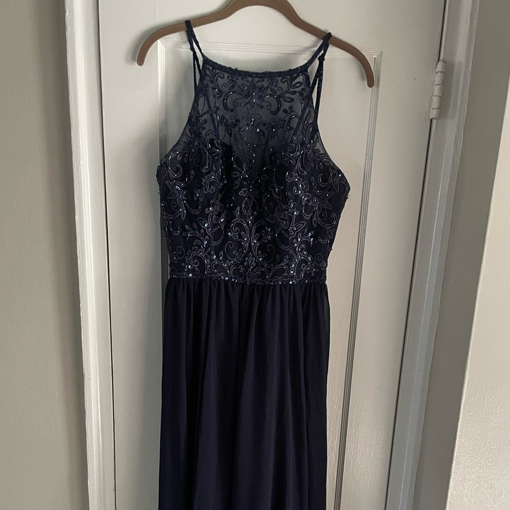 Mori Lee 21589 Navy floral embroidered Dress - Picture 3 of 6
